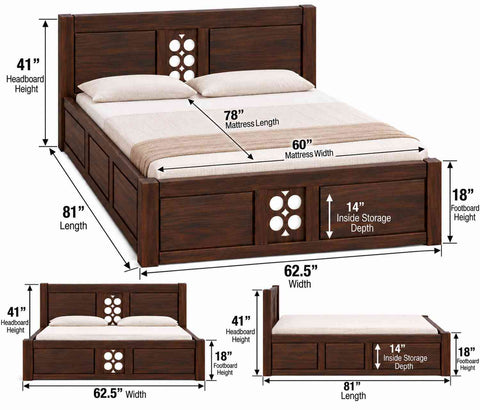 Monstro Solid Sheesham Wood Bed With Box Storage (Queen Size, Walnut Finish)