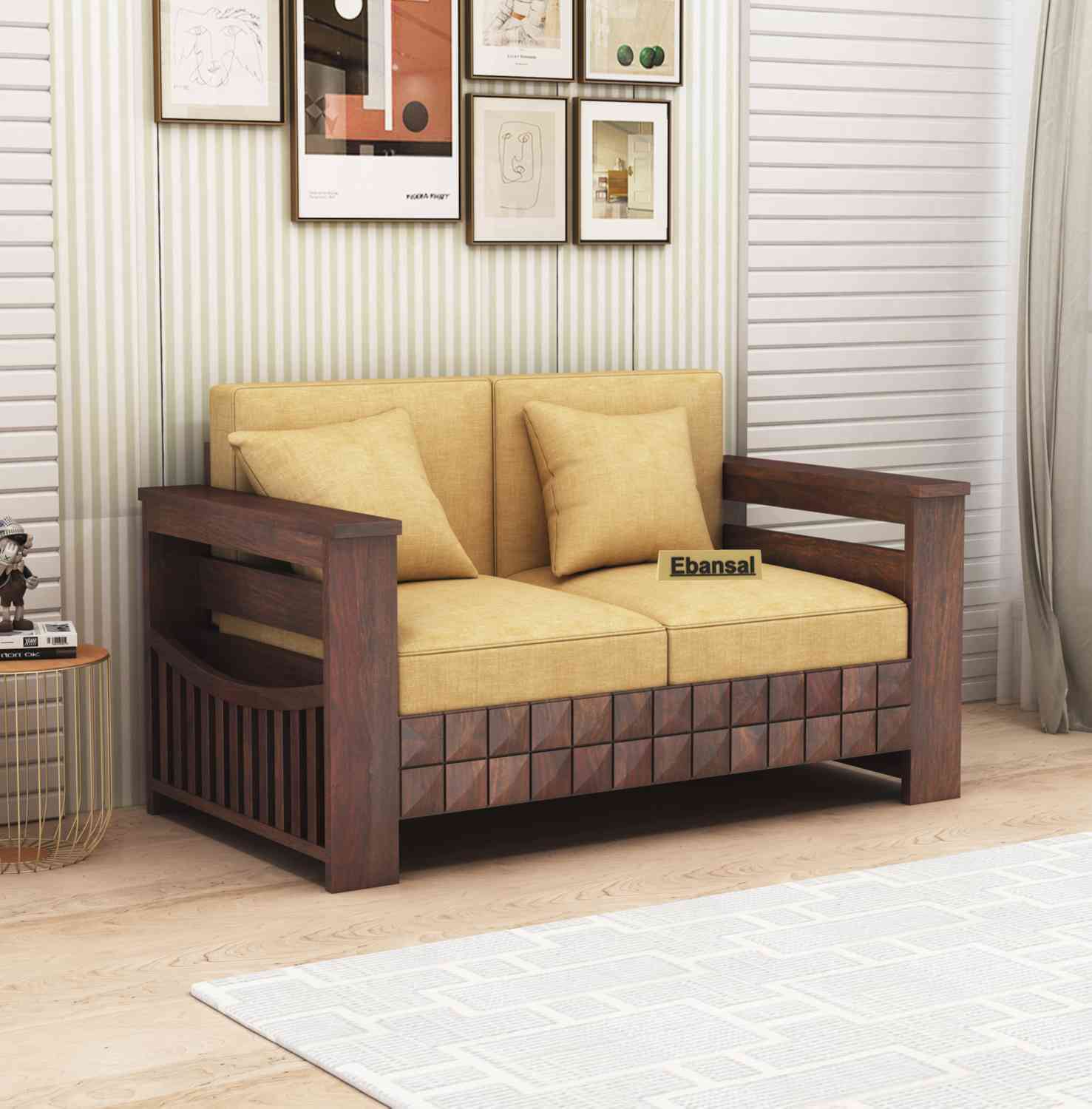 Sofia Solid Sheesham Wood 2 Seater Sofa (Walnut Finish)