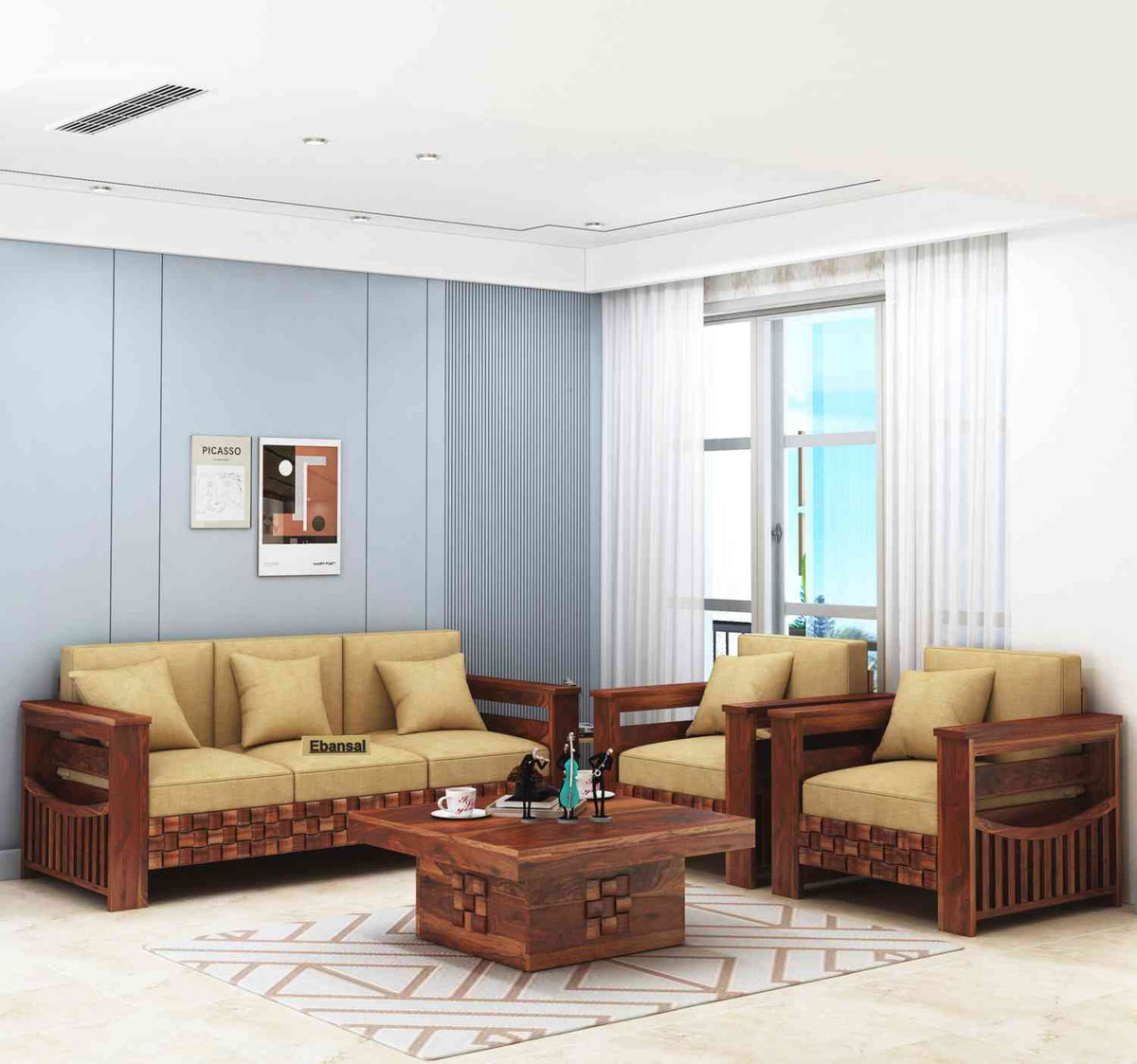 Olivia Solid Sheesham Wood 5 Seater Sofa Set With Coffee Table (3+1+1, Natural Finish)