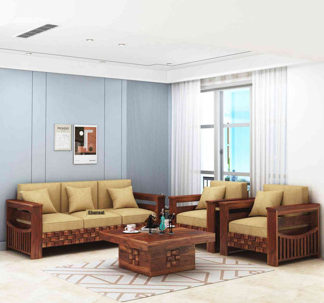 Olivia Solid Sheesham Wood 5 Seater Sofa Set With Coffee Table (3+1+1, Natural Finish)