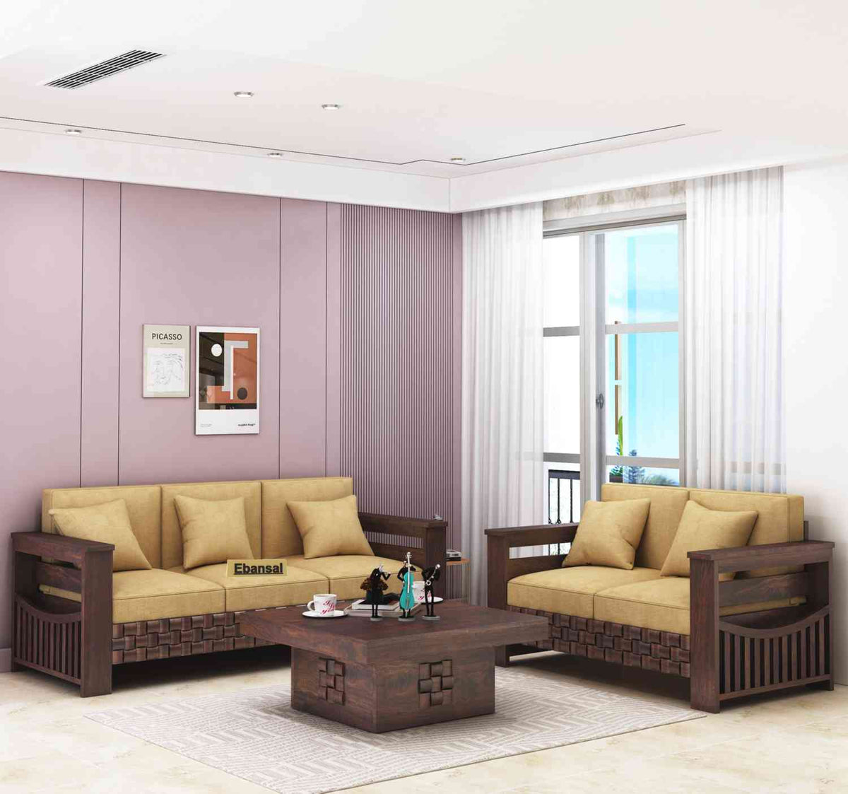 Olivia Solid Sheesham Wood 5 Seater Sofa Set With Coffee Table (3+2, Walnut Finish)