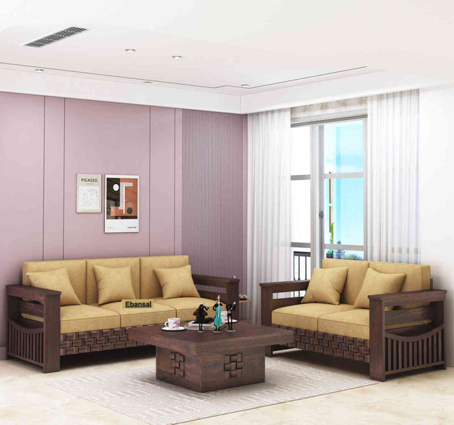 Olivia Solid Sheesham Wood 5 Seater Sofa Set With Coffee Table (3+2, Walnut Finish)