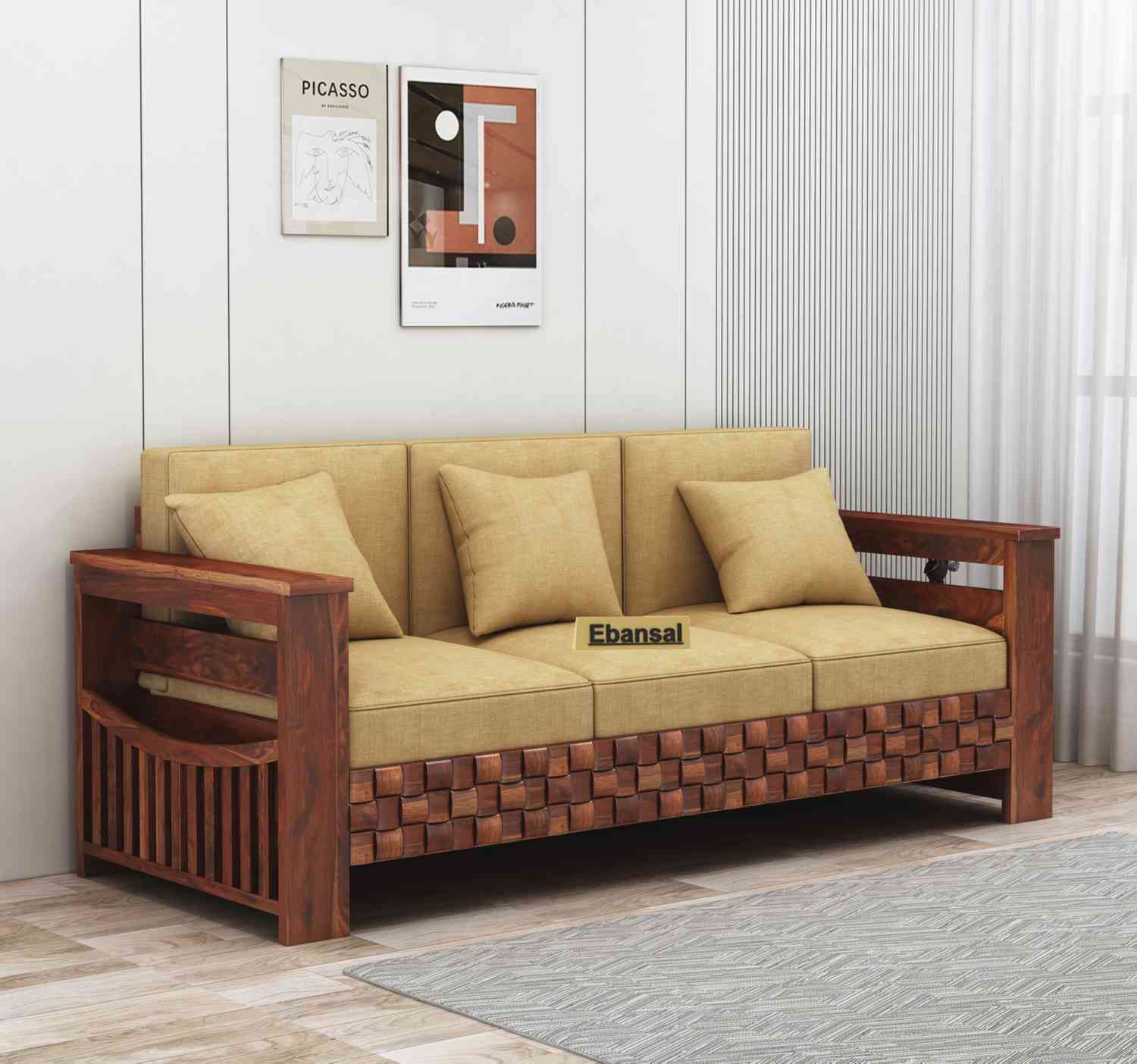 Olivia Solid Sheesham Wood 3 Seater Sofa (Natural Finish)
