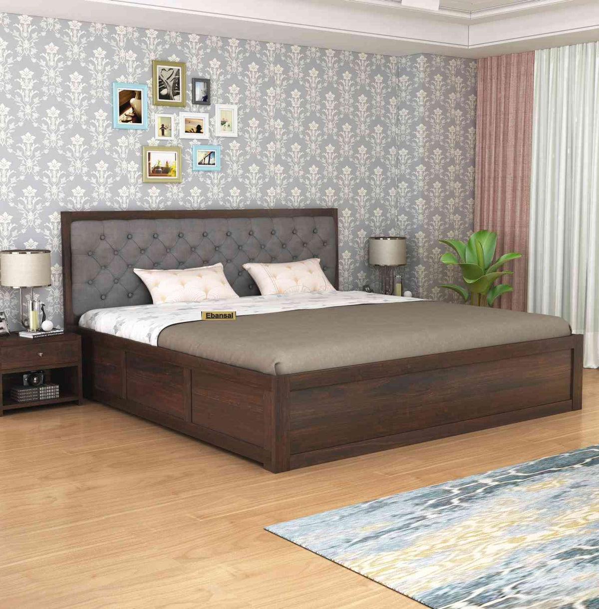 Elementra Solid Sheesham Wood Bed With Box Storage (King Size, Walnut Finish)