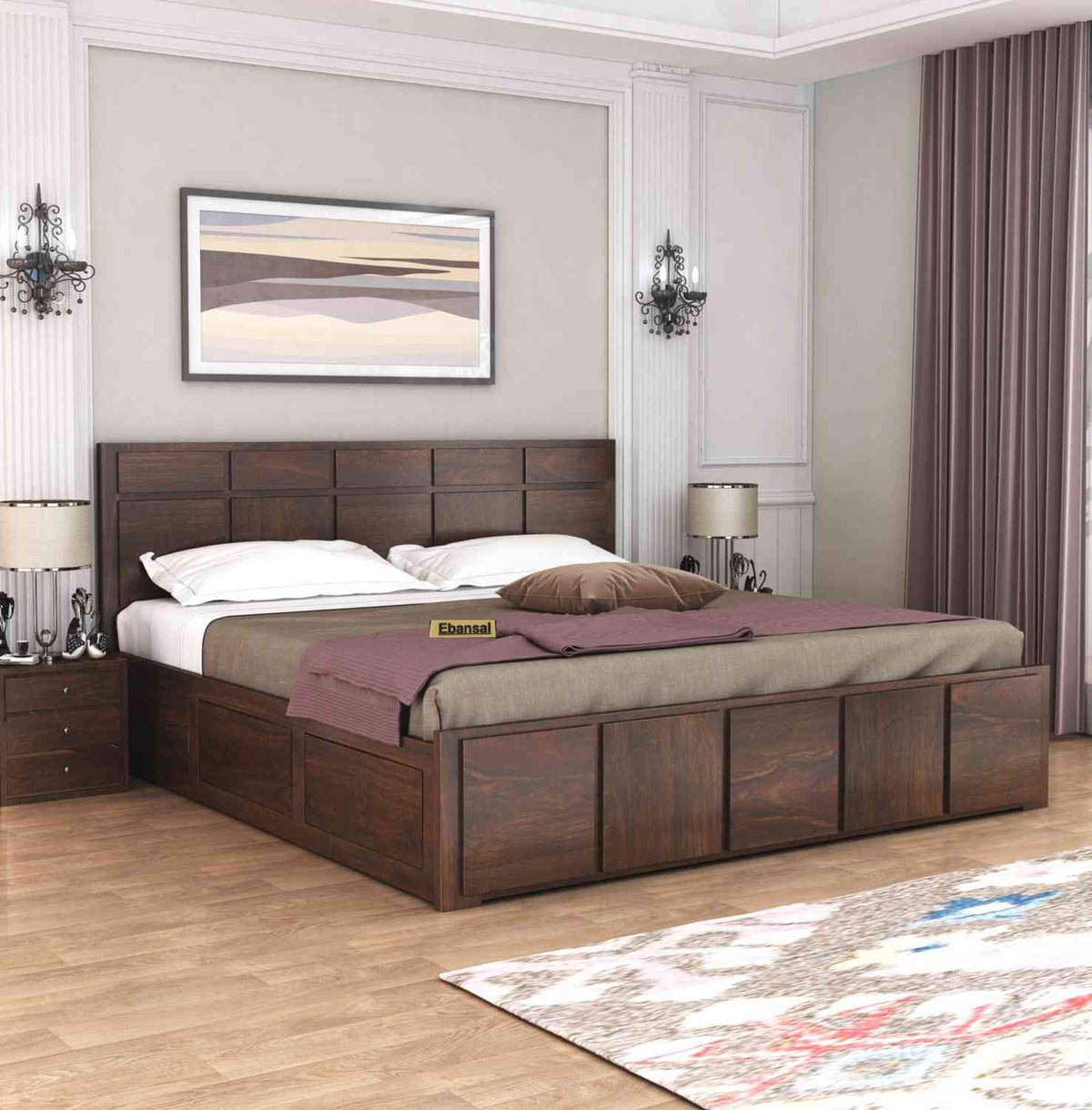 Mobell Solid Sheesham Wood Bed With Box Storage (Queen Size, Walnut Finish)