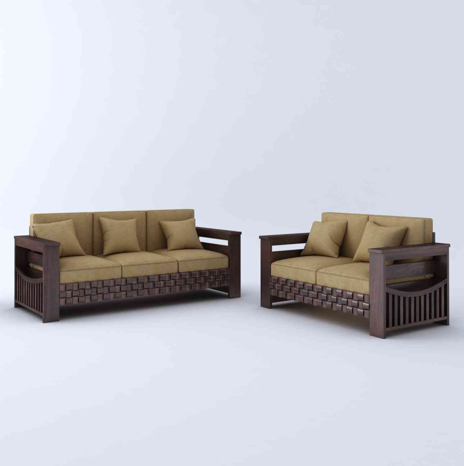 Olivia Solid Sheesham Wood 5 Seater Sofa Set (Walnut Finish, 3+2)