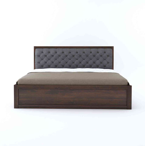 Elementra Solid Sheesham Wood Hydraulic Bed With Box Storage (Queen Size, Walnut Finish)
