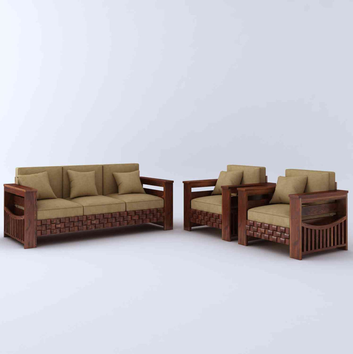 Olivia Solid Sheesham Wood 5 Seater Sofa Set (Natural Finish, 3+1+1)