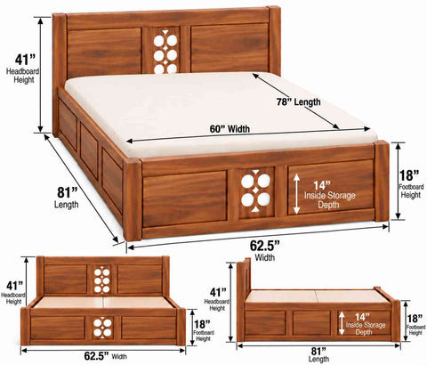 Monstro Solid Sheesham Wood Bed With Box Storage (Queen Size, Natural Finish)