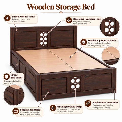 Monstro Solid Sheesham Wood Bed With Box Storage (King Size, Walnut Finish)