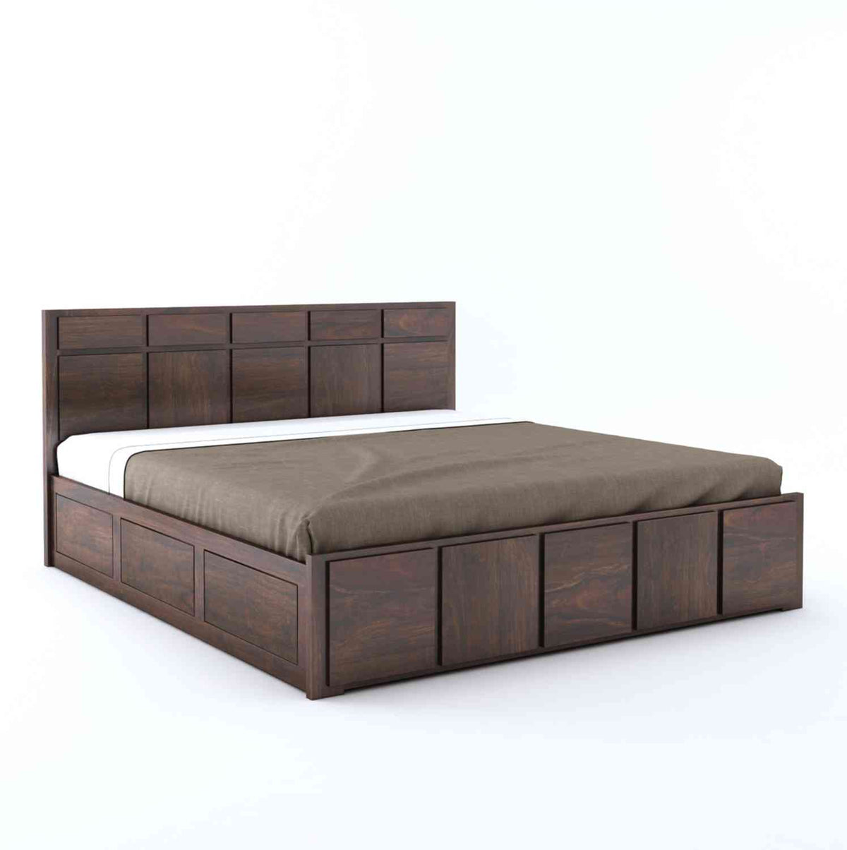 Mobell Solid Sheesham Wood Hydraulic Bed With Box Storage (King Size, Walnut Finish)