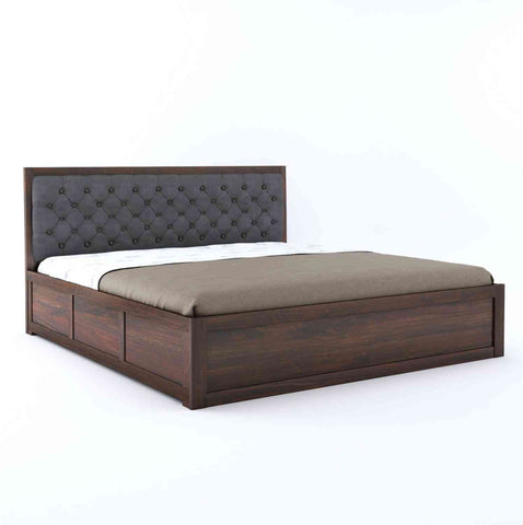 Elementra Solid Sheesham Wood Hydraulic Bed With Box Storage (King Size, Walnut Finish)
