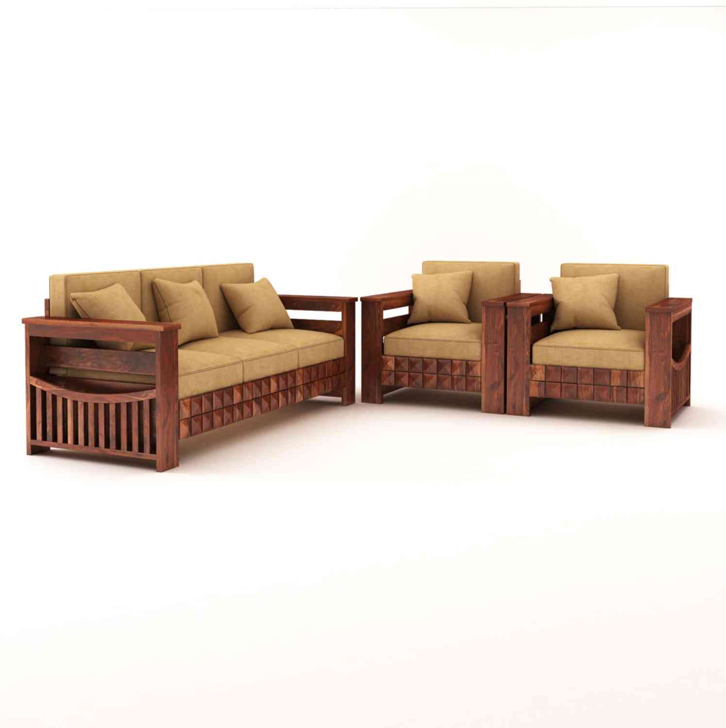 Sofia Solid Sheesham Wood 5 Seater Sofa Set (Natural Finish, 3+1+1)