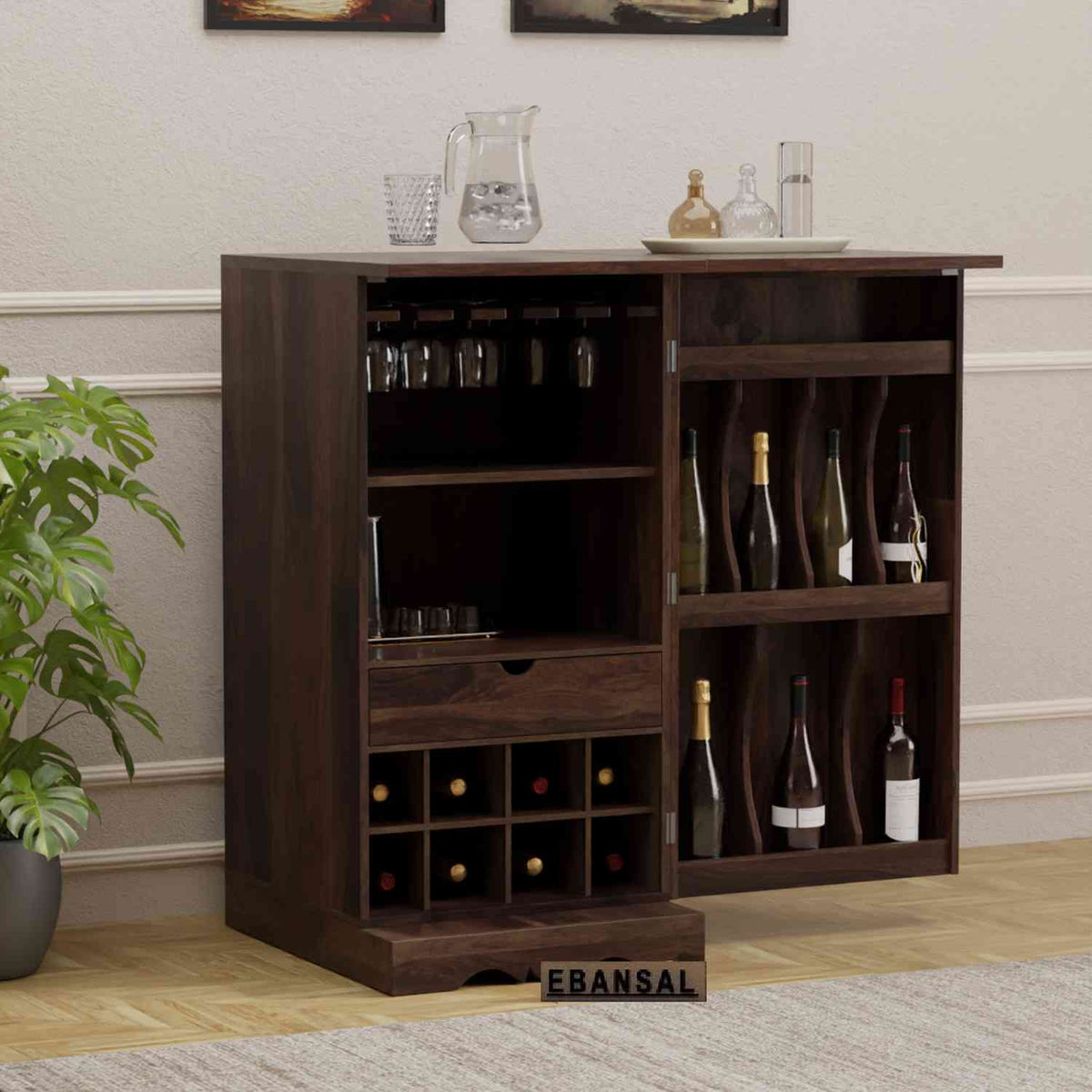 Sofia Solid Sheesham Wood Bar Cabinet (Small Size, Walnut Finish)