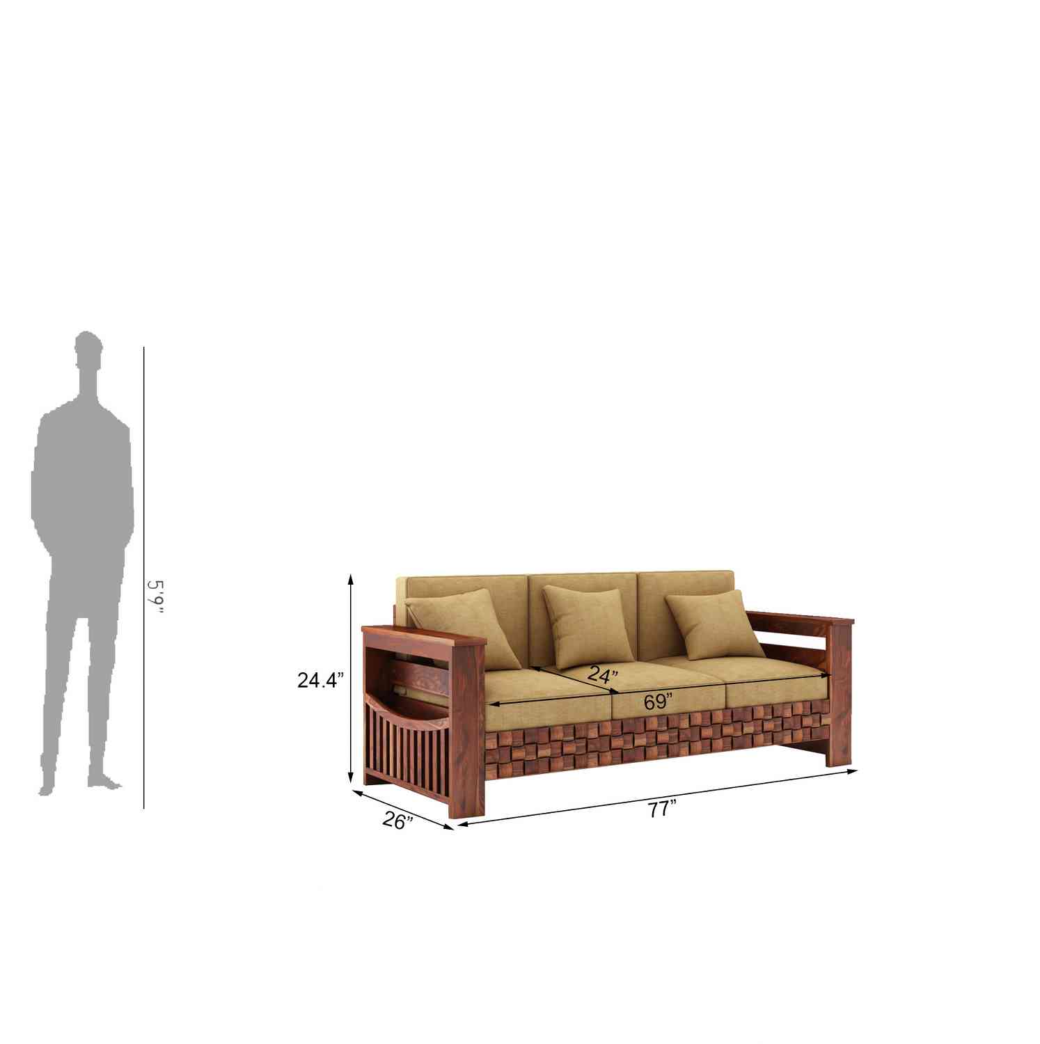 Olivia Solid Sheesham Wood 3 Seater Sofa (Natural Finish)