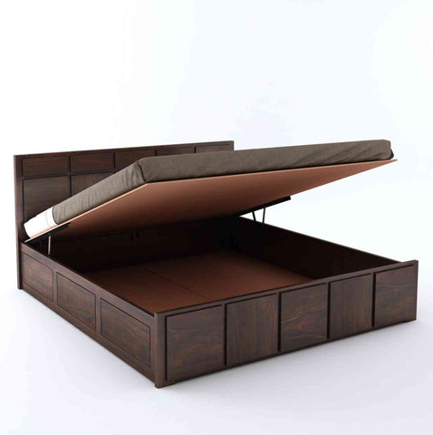 Mobell Solid Sheesham Wood Hydraulic Bed With Box Storage (Queen Size, Walnut Finish)