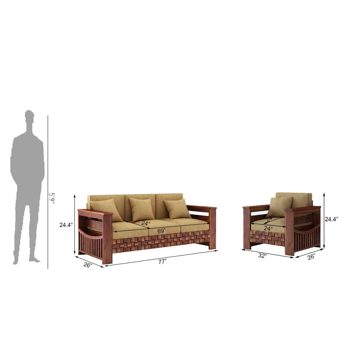 Olivia Solid Sheesham Wood 5 Seater Sofa Set With Coffee Table (3+1+1, Natural Finish)