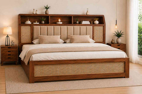 Canejoy Solid Sheesham Wood Hydraulic Bed With Box Storage (King Size, Natural Finish)