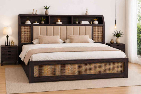 Canejoy Solid Sheesham Wood Hydraulic Bed With Box Storage (Queen Size, Walnut Finish)