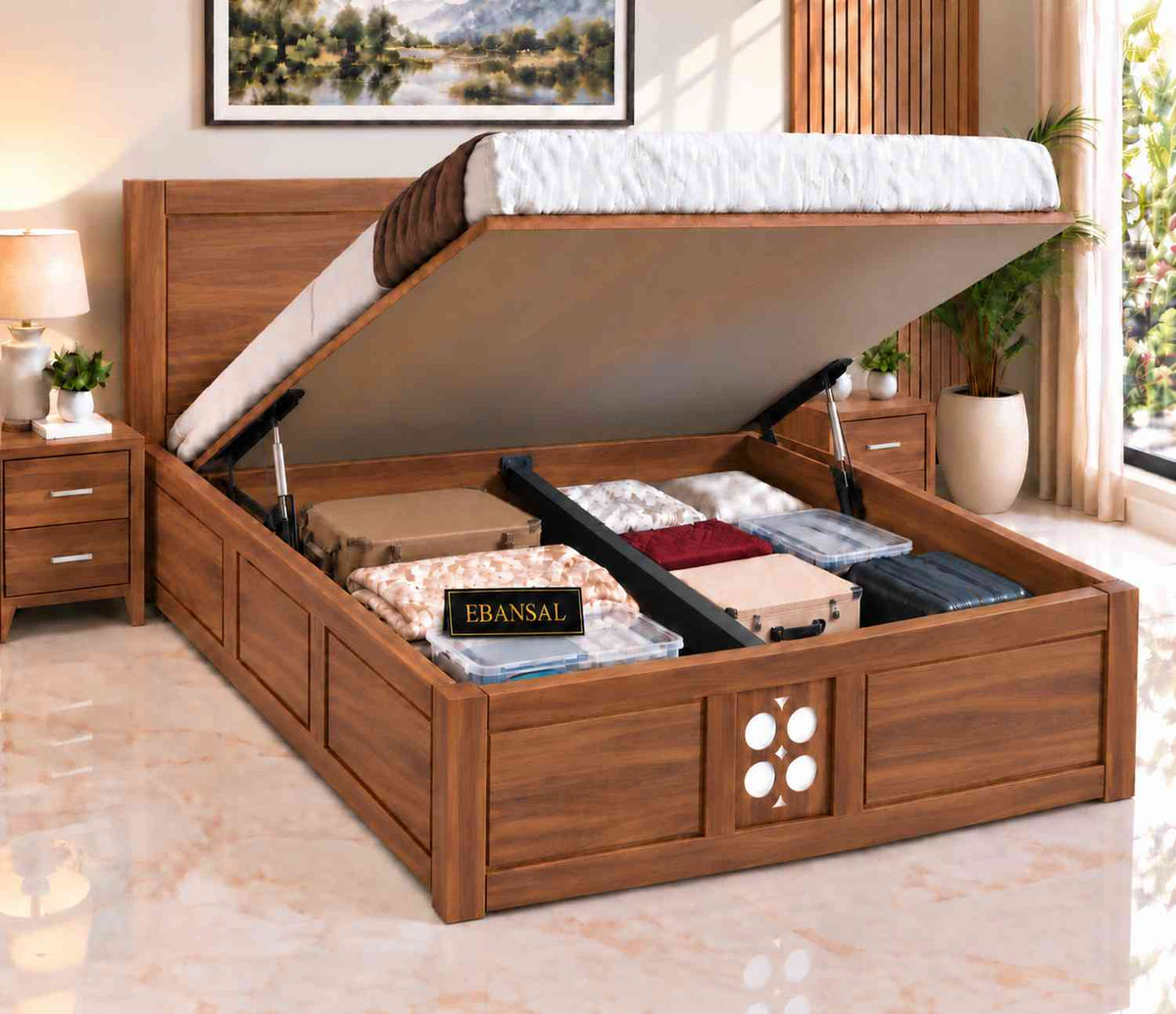 Monstro Solid Sheesham Wood Hydraulic Bed With Box Storage (Queen Size, Natural Finish)