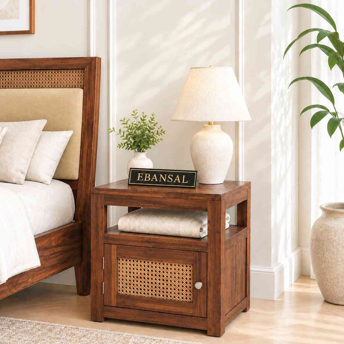 Canejoy Solid Sheesham Wood Bedside Table With 1 Door (Walnut Finish)