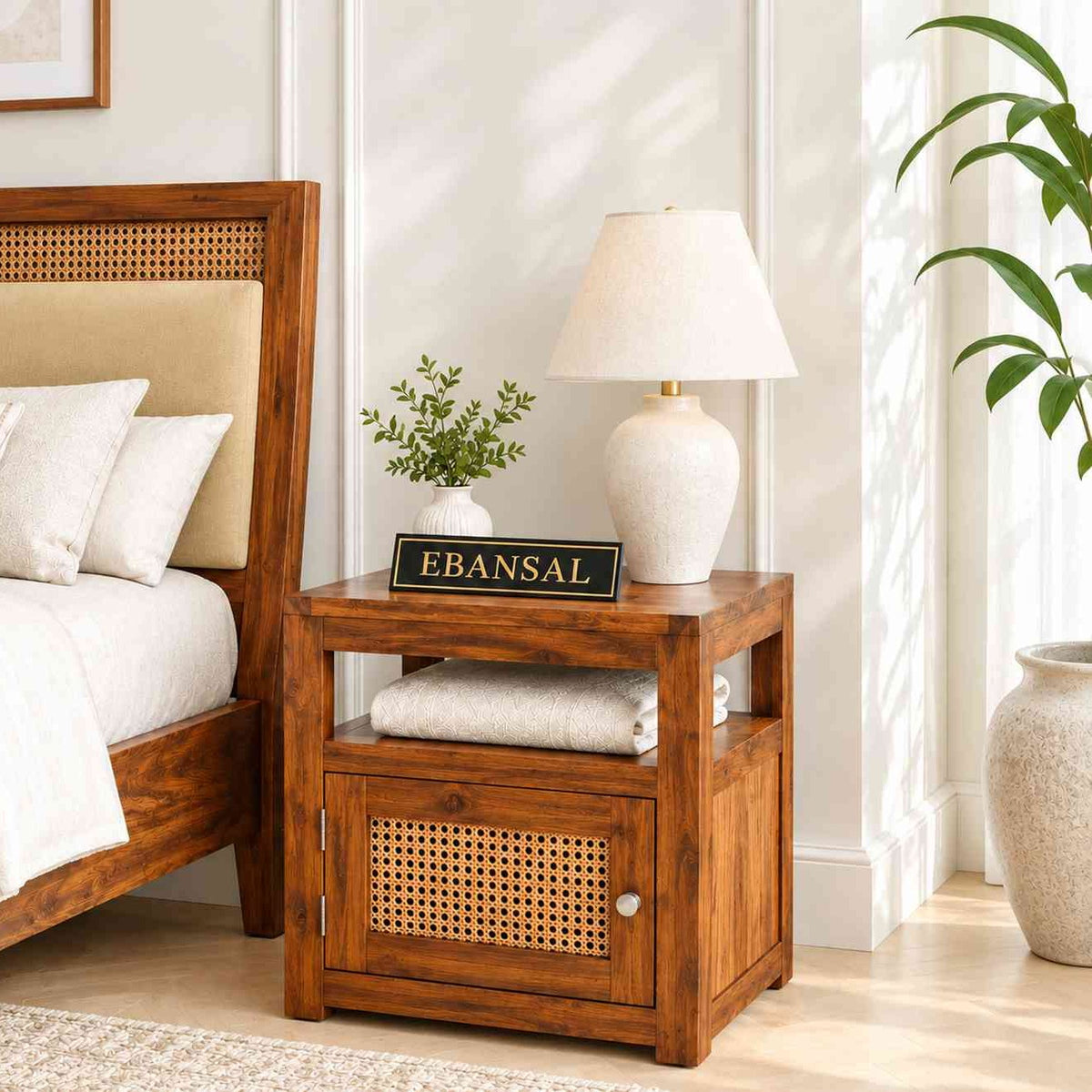 Canejoy Solid Sheesham Wood Bedside Table With 1 Door (Natural Finish)