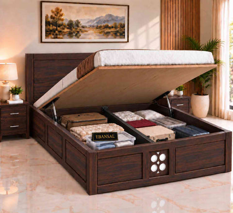 Monstro Solid Sheesham Wood Hydraulic Bed With Box Storage (Queen Size, Walnut Finish)