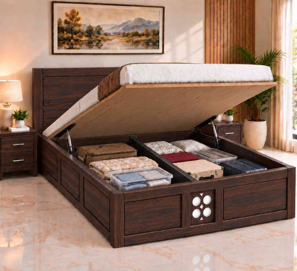 Monstro Solid Sheesham Wood Hydraulic Bed With Box Storage (King Size, Walnut Finish)