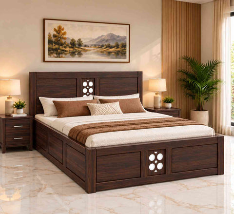 Monstro Solid Sheesham Wood Bed With Box Storage (Queen Size, Walnut Finish)