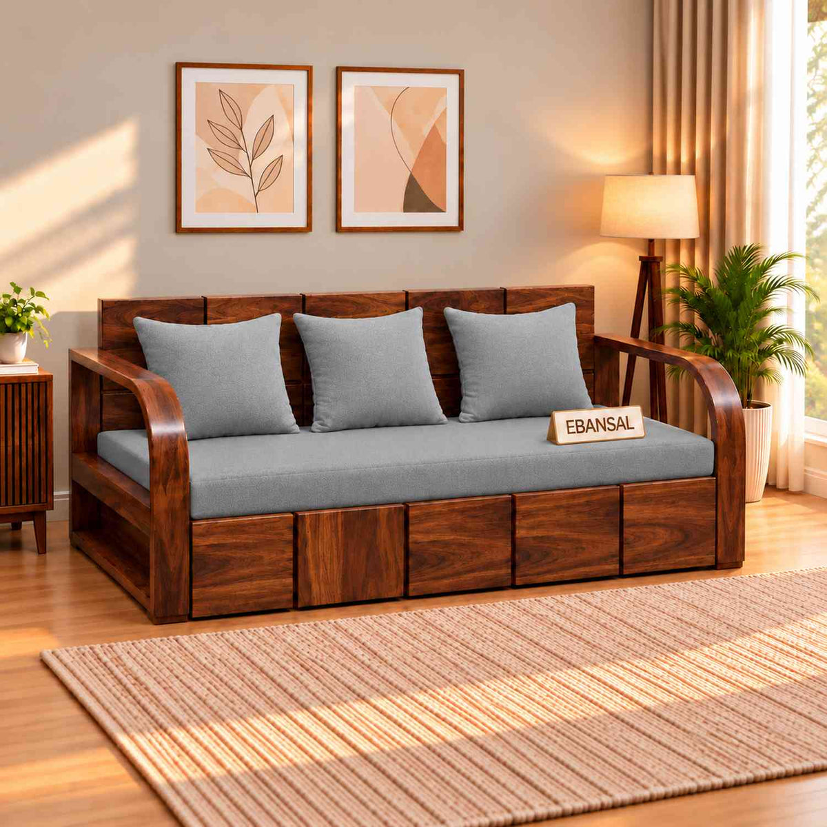 Mobell Solid Sheesham Wood 3 Seater Sofa Cum Bed (Walnut Finish, Light Grey)