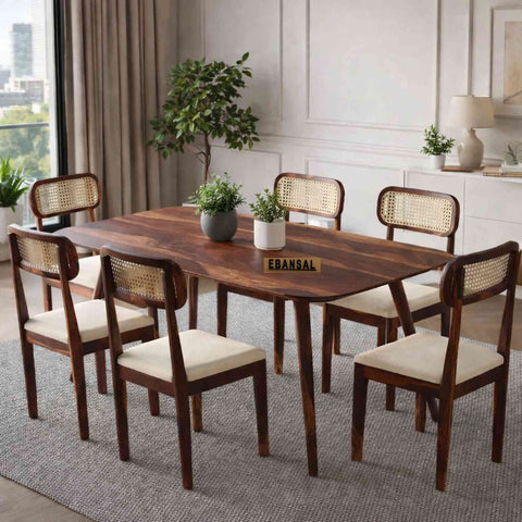 Canejoy Solid Sheesham Wood 6 Seater Dining Set (With Cushion, Natural Finish)