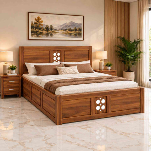 Monstro Solid Sheesham Wood Bed With Box Storage (King Size, Natural Finish)