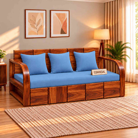 Mobell Solid Sheesham Wood 3 Seater Sofa Cum Bed (Natural Finish, Sky Blue)