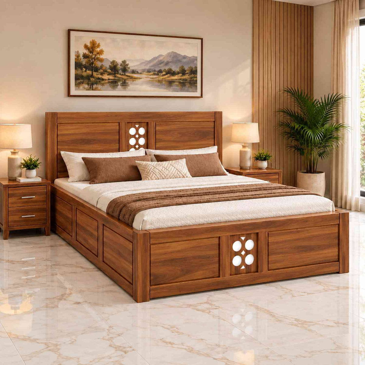 Monstro Solid Sheesham Wood Bed With Box Storage (Queen Size, Natural Finish)