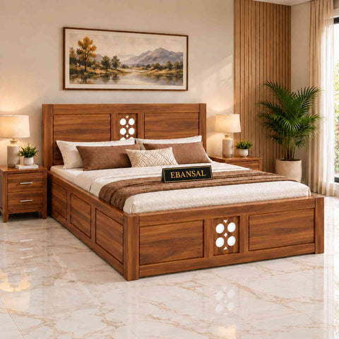 Monstro Solid Sheesham Wood Bed With Box Storage (King Size, Natural Finish)