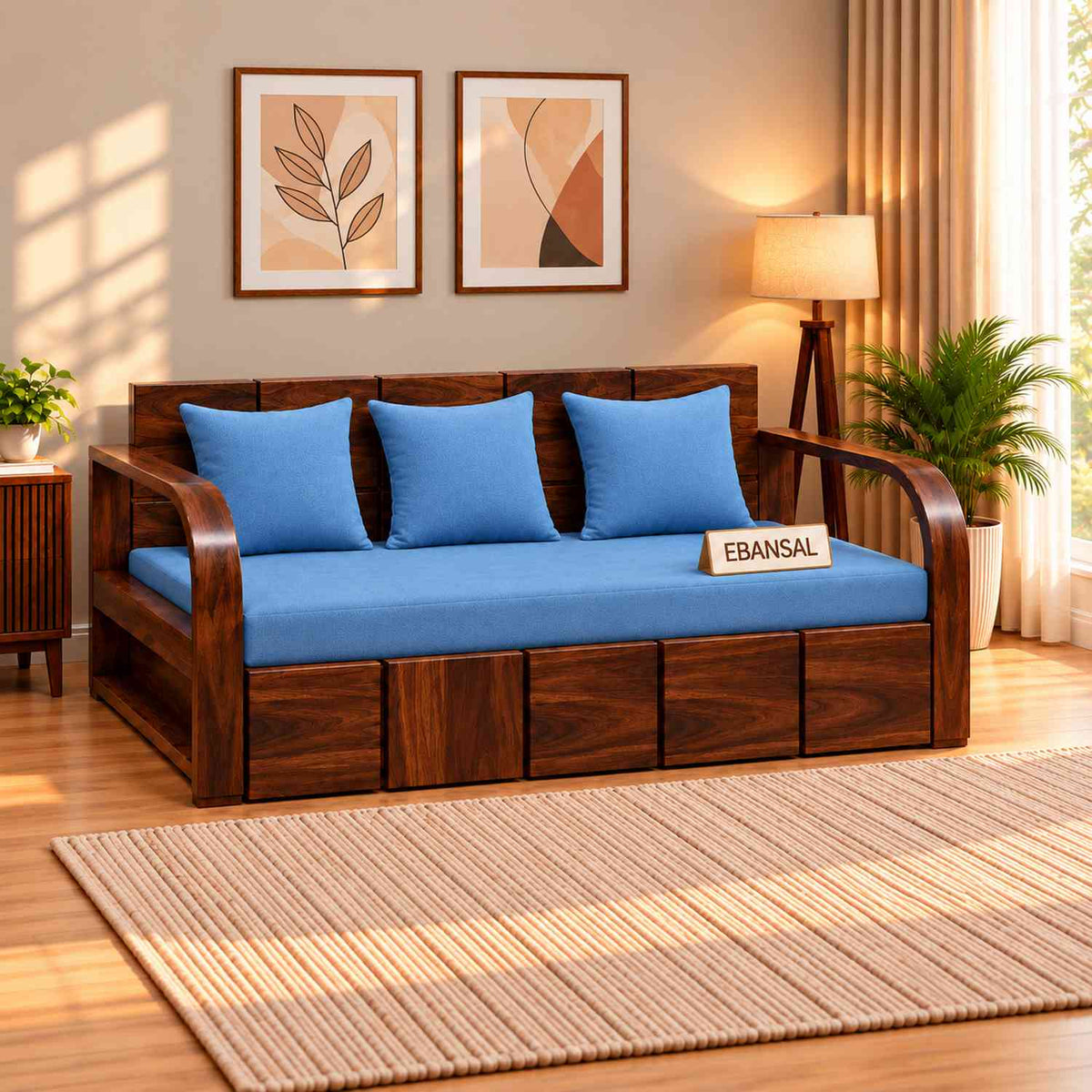 Mobell Solid Sheesham Wood 3 Seater Sofa Cum Bed (Walnut Finish, Sky Blue)