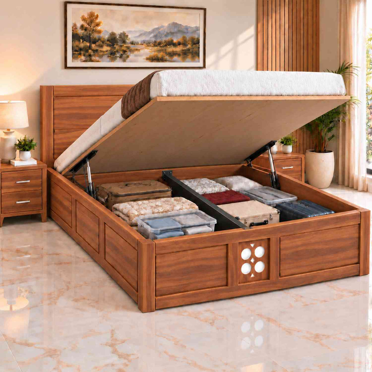 Monstro Solid Sheesham Wood Hydraulic Bed With Box Storage (King Size, Natural Finish)