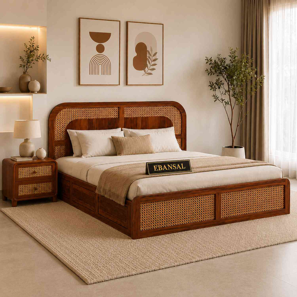Canejoy Solid Sheesham Wood Bed With Manual Box Storage (Queen Size, Natural Finish)