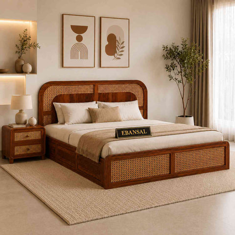 Canejoy Solid Sheesham Wood Bed With Manual Box Storage (Queen Size, Natural Finish)