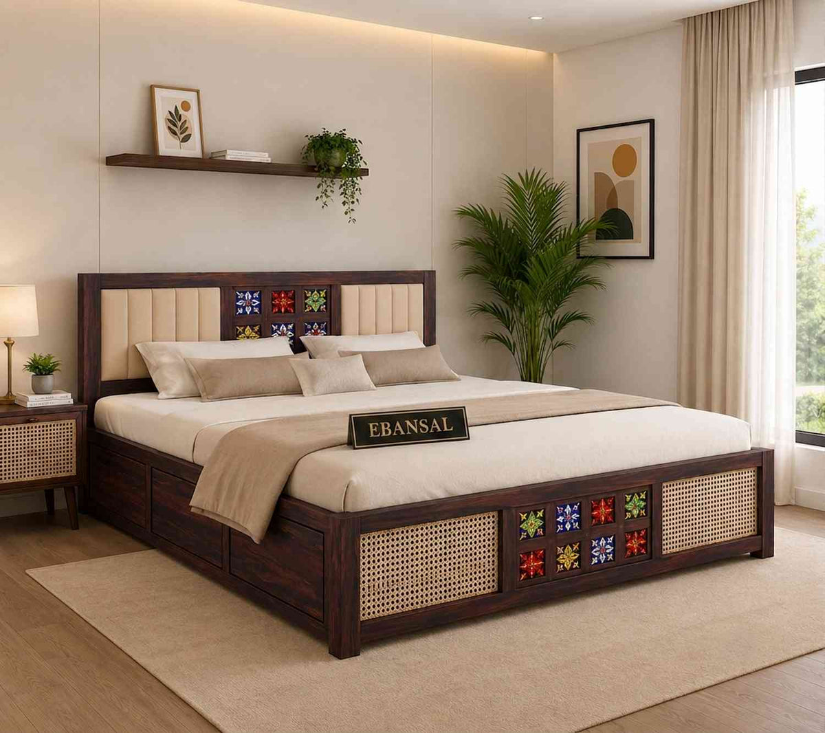 Canejoy Solid Sheesham Wood Bed With Box Storage With Cushion (King Size, Walnut Finish)