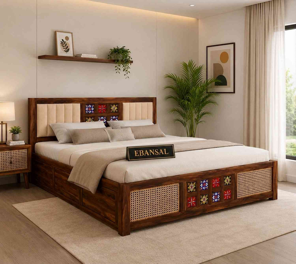 Canejoy Solid Sheesham Wood Bed With Box Storage With Cushion (Queen Size, Natural Finish)