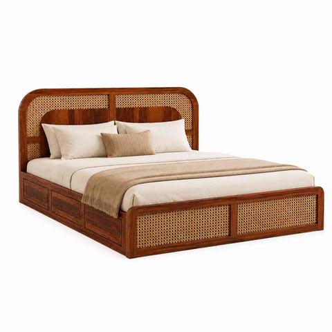 Canejoy Solid Sheesham Wood Bed With Manual Box Storage (King Size, Natural Finish)