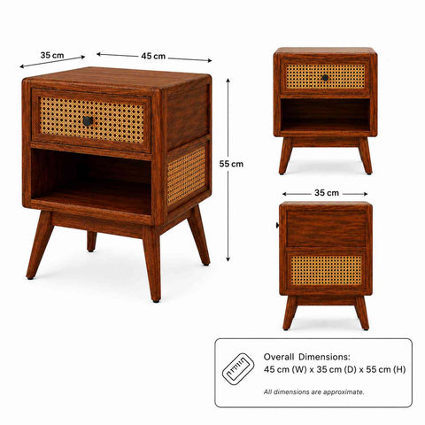 Canejoy Solid Sheesham Wood Bedside Table With 1 Drawer (Natural Finish)