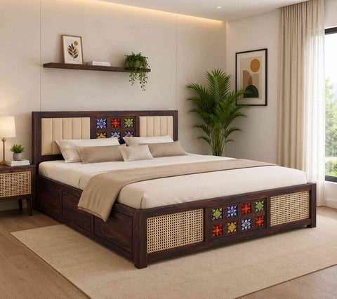Canejoy Solid Sheesham Wood Hydraulic Bed With Box Storage With Cushion (Queen Size, Walnut Finish)