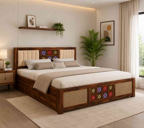 Canejoy Solid Sheesham Wood Hydraulic Bed With Box Storage With Cushion (King Size, Natural Finish)