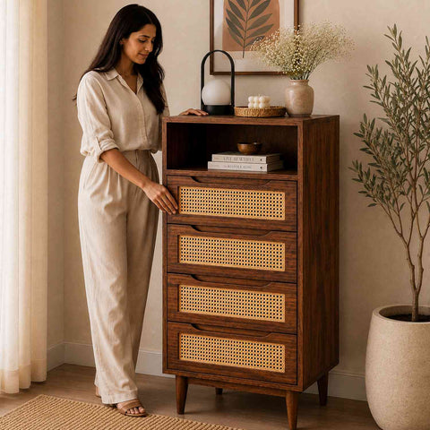 Canejoy Solid Sheesham Wood Chest of Drawers With Open Shelf (Walnut Finish)