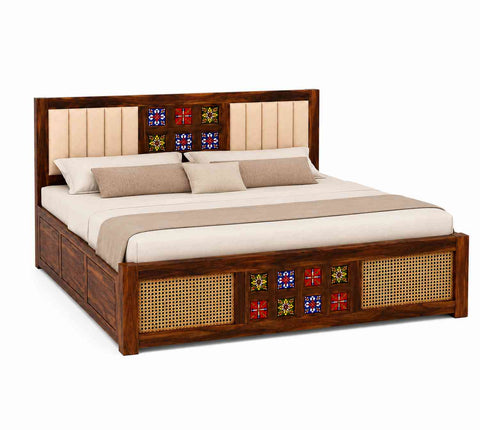 Canejoy Solid Sheesham Wood Bed With Box Storage With Cushion (King Size, Natural Finish)