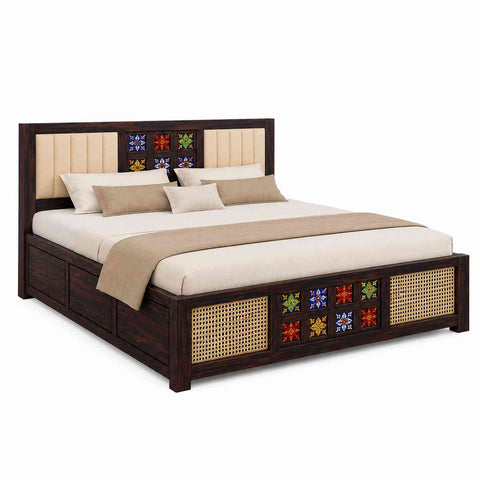 Canejoy Solid Sheesham Wood Bed With Box Storage With Cushion (Queen Size, Walnut Finish)