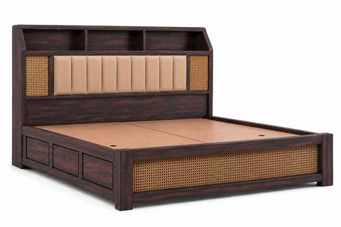 Canejoy Solid Sheesham Wood Bed With Box Storage (King Size, Walnut Finish)