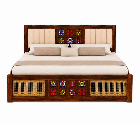 Canejoy Solid Sheesham Wood Bed With Box Storage With Cushion (Queen Size, Natural Finish)